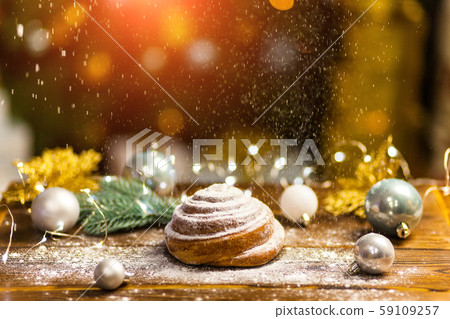 Homemade traditional winter festive Bun on wooden background. 59109257