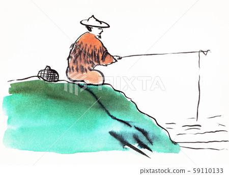 fisherman fishing hand drawn in sumi-e style 59110133
