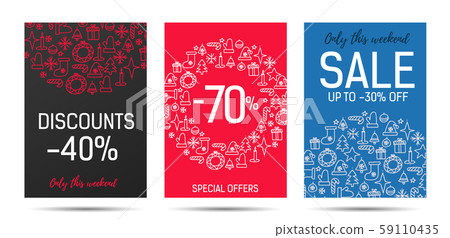 Set of leaflets or posters for Christmas sale season with flat open colors, linear doodle icons Set of leaflets or posters for Christmas sale season with flat open colors, linear doodle icons 59110435