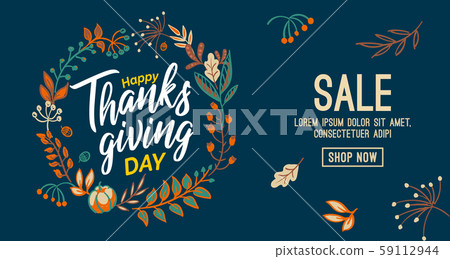 Hand drawn Happy Thanksgiving typography in autumn wreath banner. Celebration text with berries and 59112944