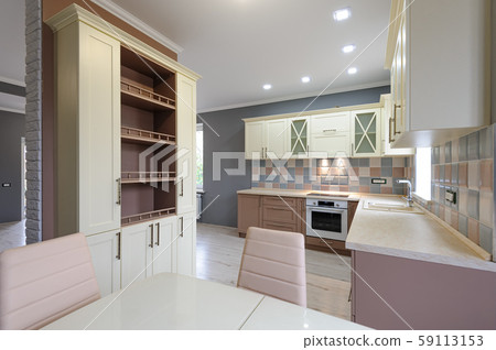 Luxury modern provence styled grey, pink and cream kitchen interior Luxury modern provence styled grey, pink and cream kitchen interior 59113153