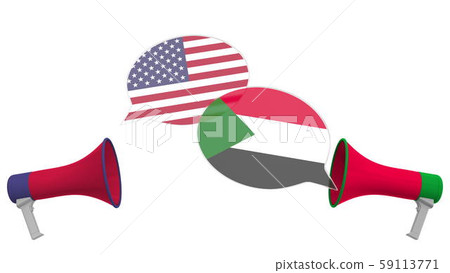 Speech bubbles with flags of Sudan and the USA and loudspeakers. Intercultural dialogue or 59113771