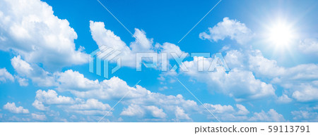 Beautiful blue sky with white clouds and sun, sunlight background panarama Beautiful blue sky with white clouds and sun, sunlight background panarama 59113791