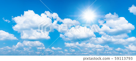 Beautiful blue sky with white clouds and sun, sunlight background panarama 59113793