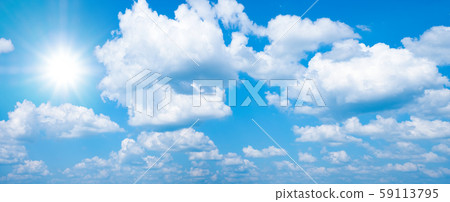 Beautiful blue sky with white clouds and sun, sunlight background panarama Beautiful blue sky with white clouds and sun, sunlight background panarama 59113795