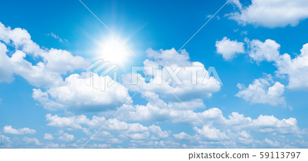Beautiful blue sky with white clouds and sun, sunlight background panarama Beautiful blue sky with white clouds and sun, sunlight background panarama 59113797