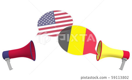 Flags of Belgium and the USA on speech bubbles with loudspeakers. Intercultural dialogue or Flags of Belgium and the USA on speech bubbles with loudspeakers. Intercultural dialogue or 59113802