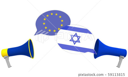 Flags of Israel and the European Union on speech balloons from megaphones. Intercultural dialogue or Flags of Israel and the European Union on speech balloons from megaphones. Intercultural dialogue or 59113815