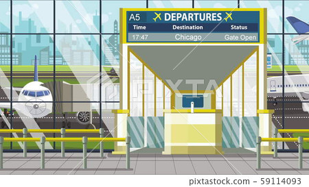 Airport gate. Departure board with Chicago text. Travel to the United States related cartoon Airport gate. Departure board with Chicago text. Travel to the United States related cartoon 59114093