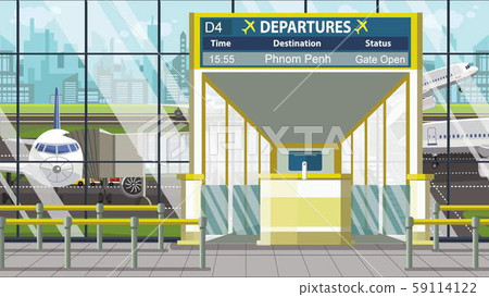 Airport gate. Departure board with Phnom Penh text. Travel to Cambodia related cartoon illustration 59114122