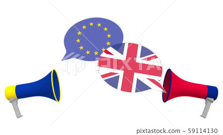 Speech bubbles with flags of the UK and the EU and loudspeakers. Intercultural dialogue or Speech bubbles with flags of the UK and the EU and loudspeakers. Intercultural dialogue or 59114130