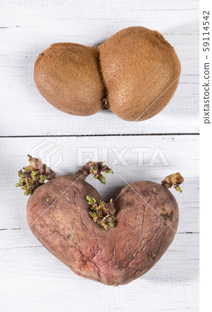 Close-up two non-standard ugly heart-shaped potato and kiwi on white painted wooden table. Waste zero concept. Top view. Close-up two non-standard ugly heart-shaped potato and kiwi on white painted wooden table. Waste zero concept. Top view. 59114542