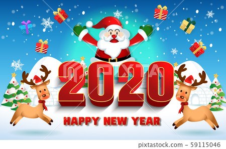 Merry christmas and Happy new year 2020 with santa claus cute cartoon.for Christmas and New Year background.vector illustration Merry christmas and Happy new year 2020 with santa claus cute cartoon.for Christmas and New Year background.vector illustration 59115046