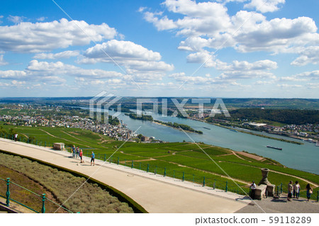 View of the Rhine from the Niederwald hill in Ruedesheim, Germany 59118289