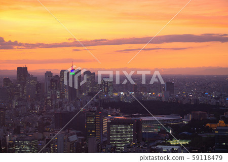 Tokyo cityscape in Japan Views of the Shinjuku sub-center that shines in the sunset after a typhoon and the new National Stadium scheduled to be completed in December Tokyo cityscape in Japan Views of the Shinjuku sub-center that shines in the sunset after a typhoon and the new National Stadium scheduled to be completed in December 59118479