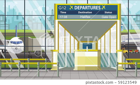 Airport departure board with Halifax caption. Travel in Canada related cartoon illustration 59123549