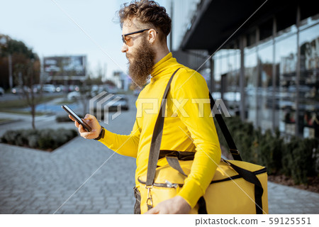 Man delivering food with thermal bag Man delivering food with thermal bag 59125551