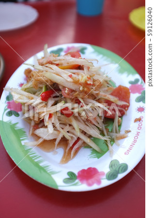 Papaya Salad (Som tum Thai) on Red table Papaya Salad (Som tum Thai) on Red table 59126040