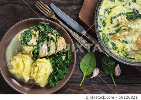 Chicken breasts in creamy sauce wth spinach, served with mashed potatoes. Chicken breasts in creamy sauce wth spinach, served with mashed potatoes. 59126821
