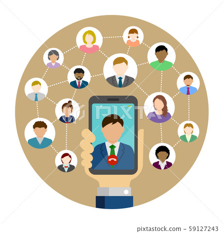 Video call / Global communication Handheld smartphone Circular banner illustration 59127243
