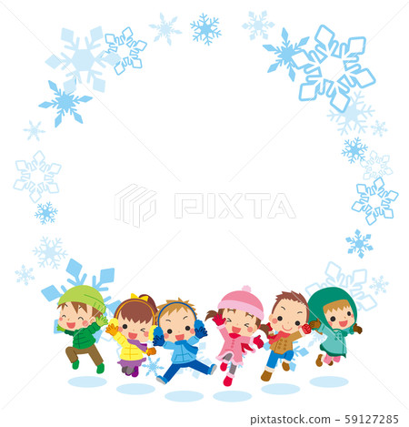 Kids jumping energetically in winter clothes [snow crystals frame] 59127285