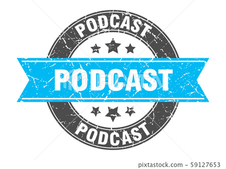 podcast round stamp with turquoise ribbon. podcast 59127653