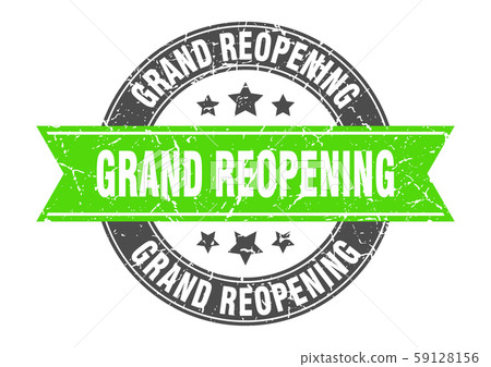 grand reopening round stamp with green ribbon. 59128156
