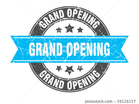 grand opening round stamp with turquoise ribbon. 59128157