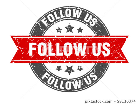 follow us round stamp with red ribbon. follow us follow us round stamp with red ribbon. follow us 59130374