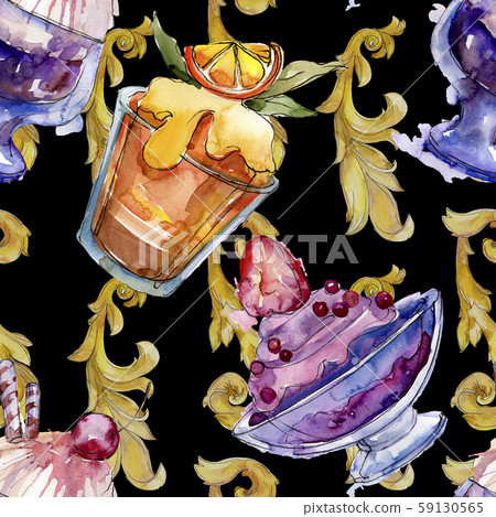 Tasty ice cream in a watercolor style. Aquarelle sweet dessert illustration set. Seamless background 59130565