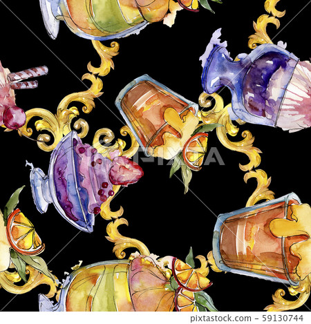 Tasty ice cream in a watercolor style. Aquarelle sweet dessert illustration set. Seamless background 59130744