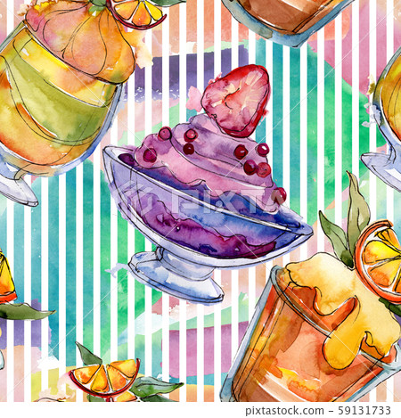 Tasty ice cream in a watercolor style. Aquarelle sweet dessert illustration set. Seamless background Tasty ice cream in a watercolor style. Aquarelle sweet dessert illustration set. Seamless background 59131733