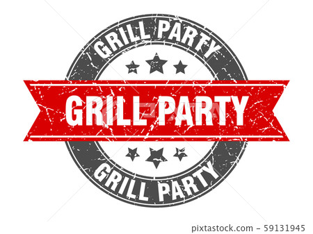 grill party round stamp with red ribbon. grill - Stock Illustration ...