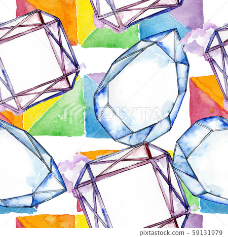 Colorful diamond rock jewelry minerals. Watercolor crystal stone background set. Seamless background 59131979