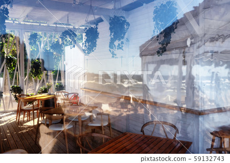 Summer cafe with tables on the sandy beach of the Summer cafe with tables on the sandy beach of the 59132743