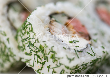 Japanese food restaurant, sushi maki gunkan roll plate or platter set. Sushi set and composition 59135401