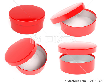Round box. Open and closed red carton with lid. 3d rendering illustration Round box. Open and closed red carton with lid. 3d rendering illustration 59138370