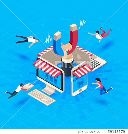 Web store customer attraction. Attract buyers, isometric retain loyal clients and social media 59138579