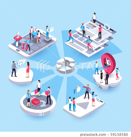 3d isometric marketing people. Social media market, interests target group representatives and 59138580
