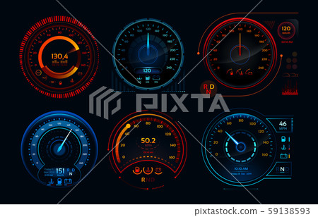Futuristic car speedometer. Speed hud kilometer performance indicators dashboard, gas and fuel level 59138593