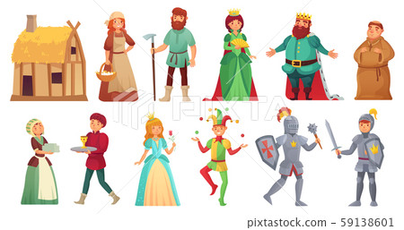 Medieval historical characters. Historic royal court alcazar knights, medieval peasant and king 59138601