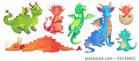Fairy dragons. Funny fairytale dragon, cute magic lizard with wings and baby fire breathing serpent 59138602