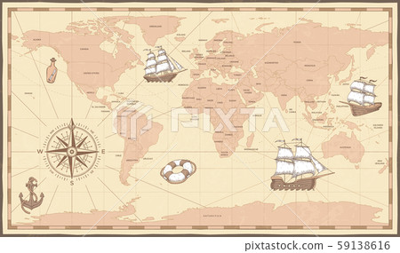Antique world map. Vintage compass and retro ship on ancient marine map. Old countries boundaries 59138616