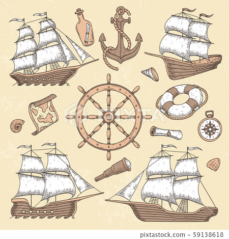 Vintage marine ships. Old cartouche frame, ship anchor and sea wheel with ancient compass. Ocean 59138618