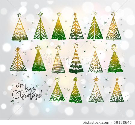 Christmas doodles with set of green glowing decorative christmas trees on white glowing background. 59138645