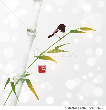 Green bamboo tree and little bird hand drawn with ink in minimalist style on white glowing Green bamboo tree and little bird hand drawn with ink in minimalist style on white glowing 59138672