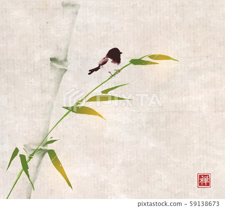 Green bamboo tree and little bird hand drawn with ink in minimalist style on rice paper backgrund 59138673
