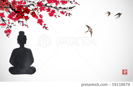 Silhouette of Buddha sitting under the sakura blossom and birds flying in the sky. Traditional Silhouette of Buddha sitting under the sakura blossom and birds flying in the sky. Traditional 59138679