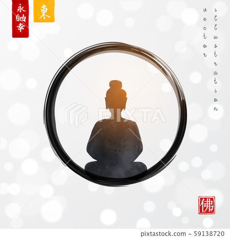 Silhouette of meditating Buddha in black enso zen circle on white glowing background. Traditional 59138720