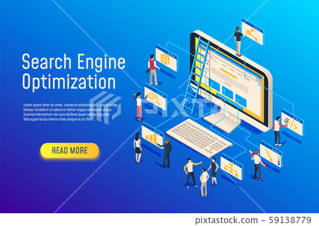 Isometric seo optimization. Website team computer optimizing. 3d seo web site optimize vector 59138779